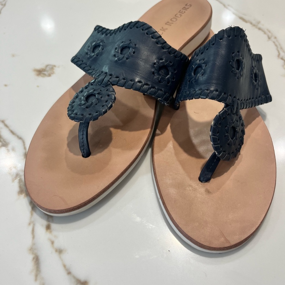 Jack Rogers Navy Braided Leather Thong Sandals with Rosette